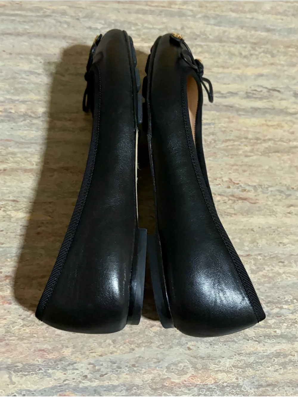 Tory Burch Laila Driver Black Leather Bow Ballet Flats with Gold Logo Charms